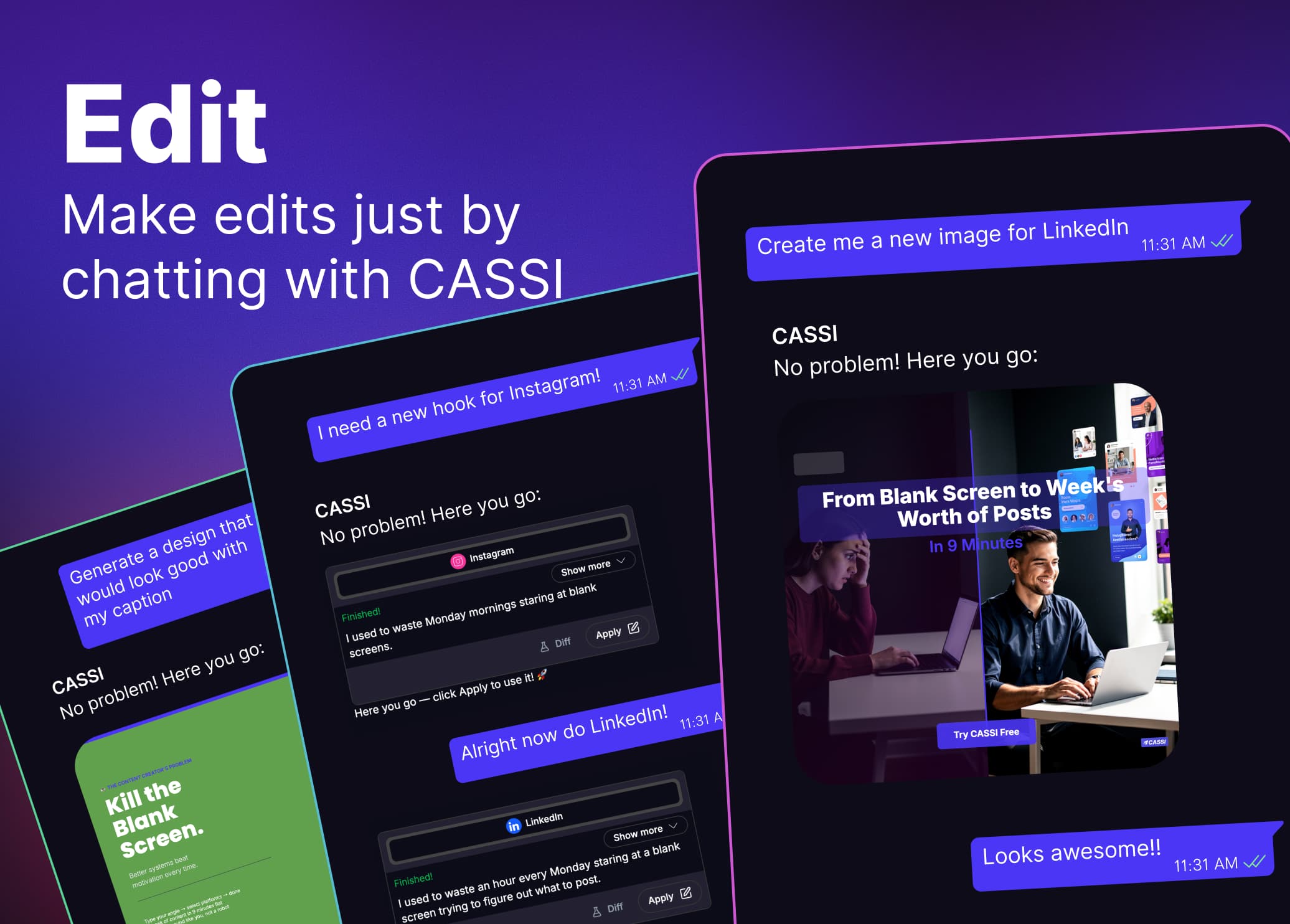 Editing and refining an AI-generated post in CASSI