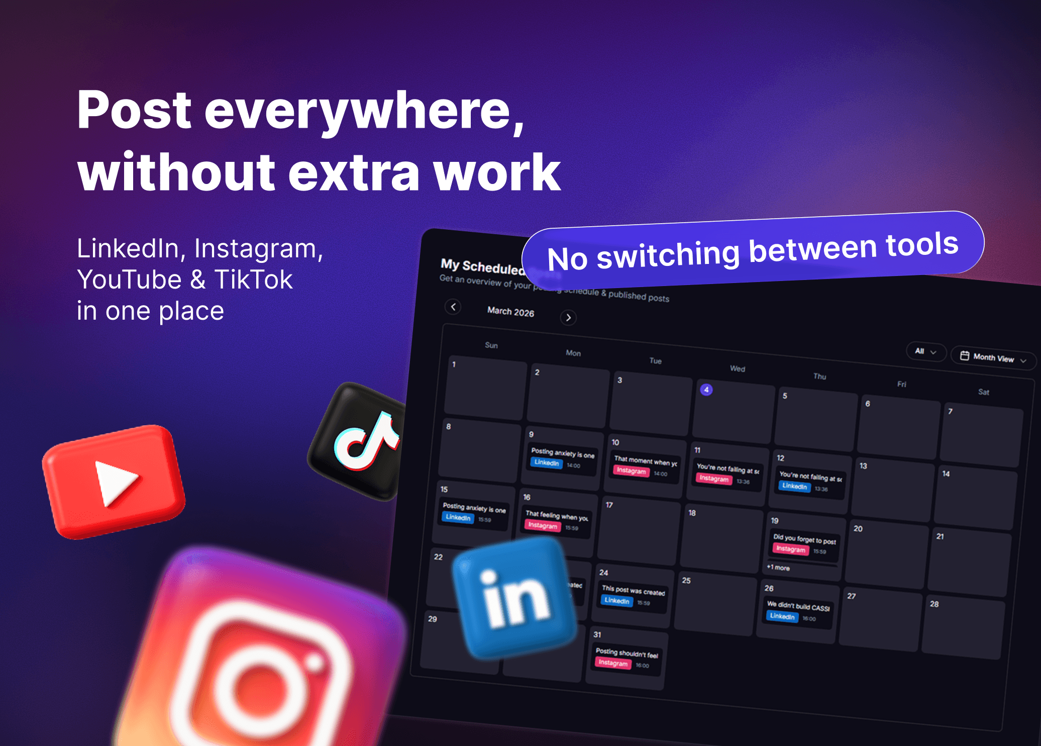 cassi scheduling LinkedIn YouTube Instagram TikTok